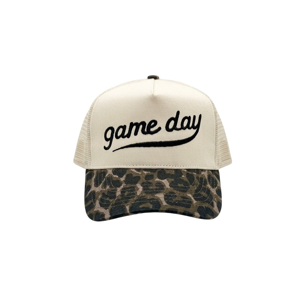 Friday Feelin Trucker Hat Womens OS Cream Leopard Game Day Snapback Cap. NEW.